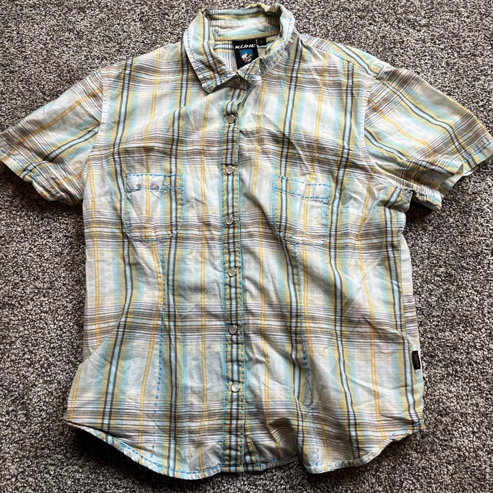 KUHL Shirt womens L pearl snap Plaid Short Sleeve ButtonUp Casual Outdoor pocket